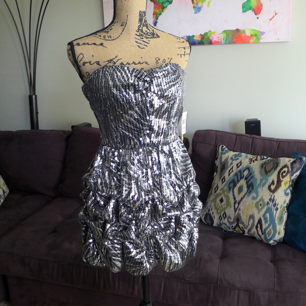 Silver Strapless Ruched Sequin Dress